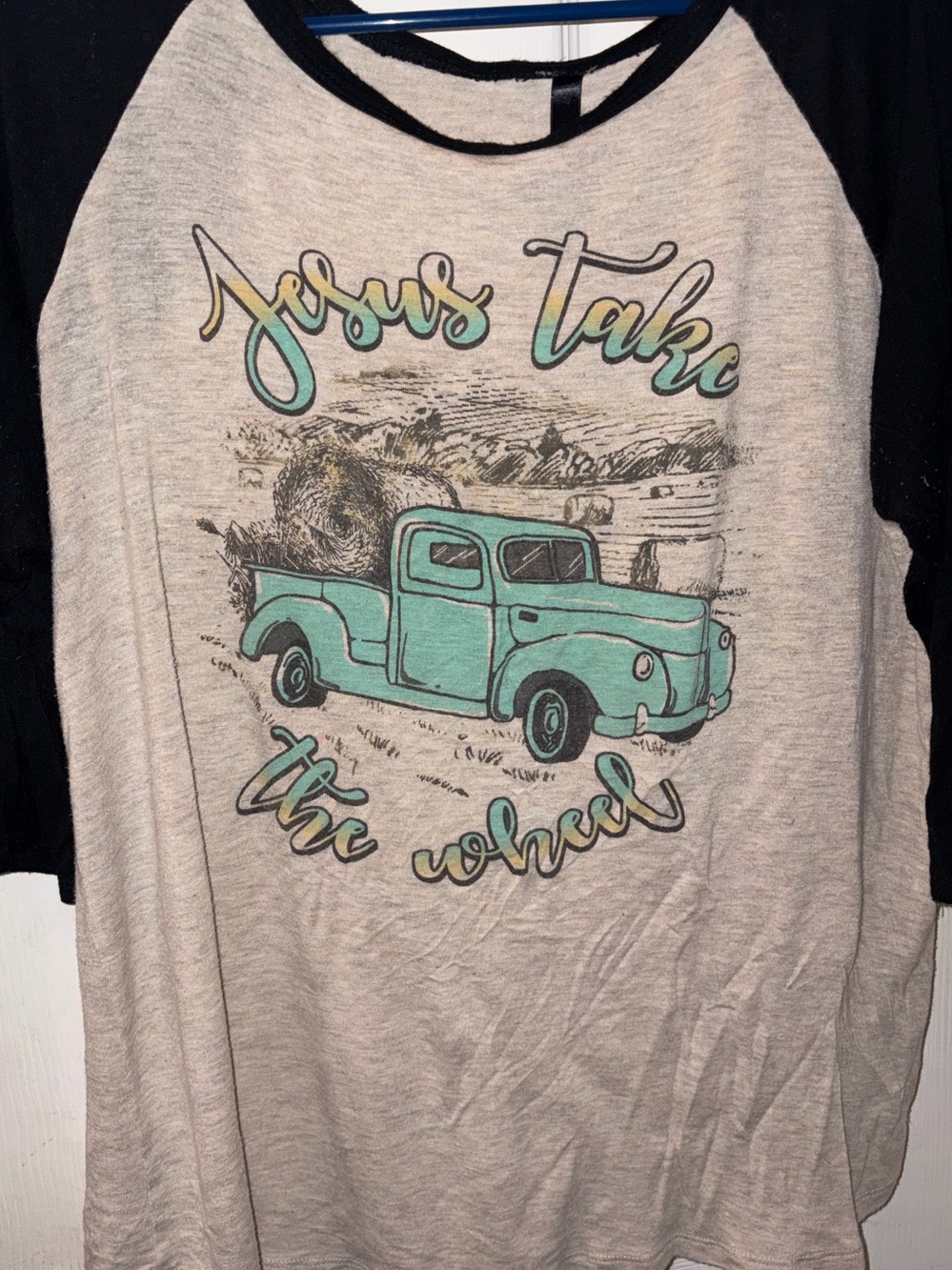Long Sleeve Raglan Tee with Teal Vintage Truck Graphic